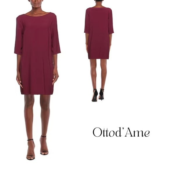 OTTOD'AME BURGUNDY CREPE MINI DRESS,  3/4 SLEEVES & POCKETS, STRAIGHT CUT SIZE 8 - Picture 2 of 7